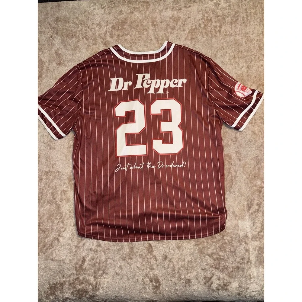 Dr Pepper #23 Baseball Jersey Men's Size 2XL Red Pinstripe Button Front
